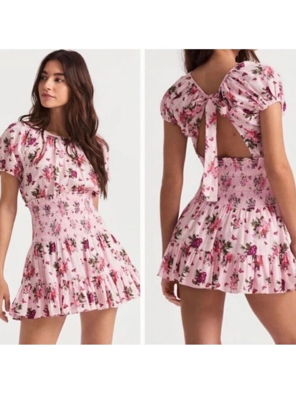 LoveShackFancy Spritz Floral Smocked Tie Back Mini Dress Rosemary Mauve L NWT
